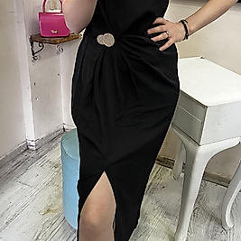 QSTYLE BELDEN BAĞLAMA YIRTMAÇLI SİYAH ELBİSE S/M/L BEDEN