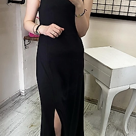 SİYAH PENYE ELBİSE KOLSUZ ÖNDEN YIRTMAÇLI S/M/L BEDEN