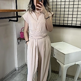 QUZU ÖNDEN DÜĞMELİ YANDAN FERMUARLI BLUZ BEJ RENK S/M/L BEDEN