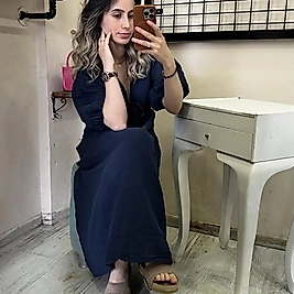 MÜSLİN KUMAŞ LACİVERT  ELBİSE M/L BEDEN